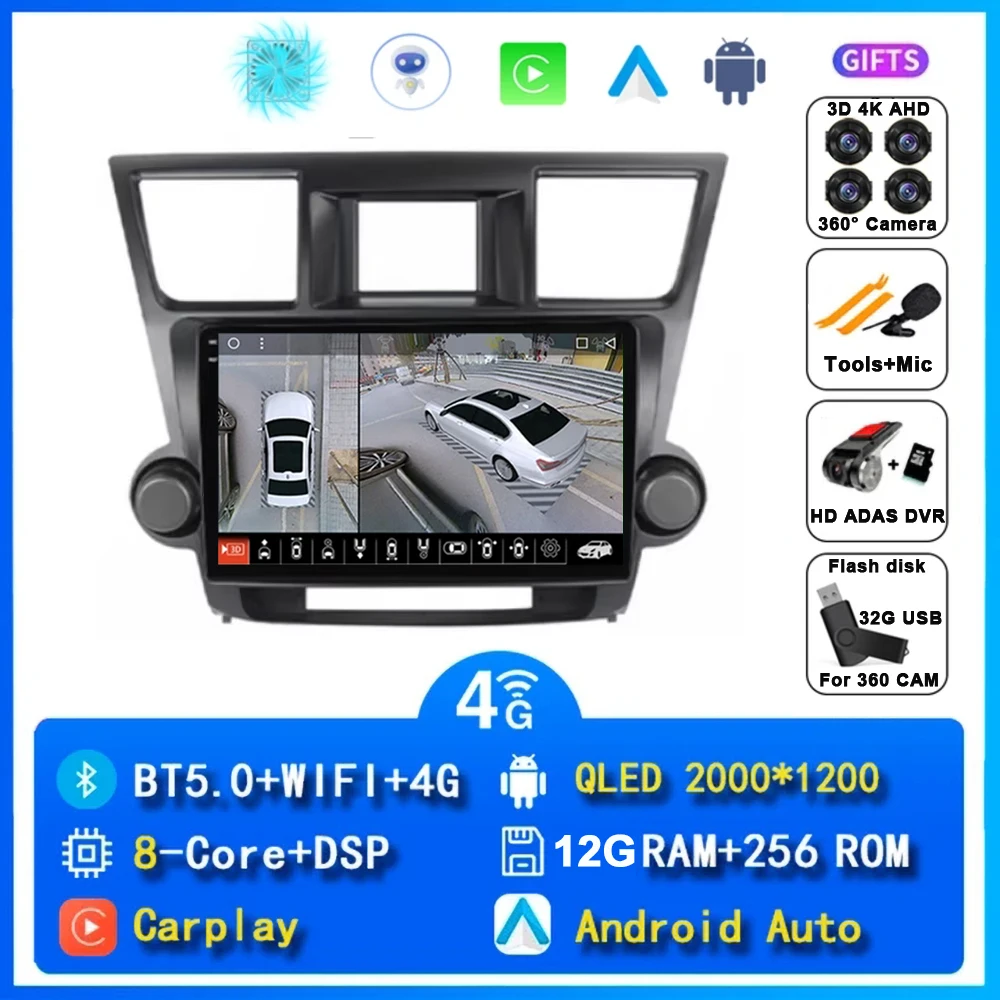 

10-дюймовое радио для Toyota Highlander Kluger 2008-2014 2 Din Android 15 Автомобильный радиоприемник Мультимедийный видеоплеер GPS-навигация 4G Carplay