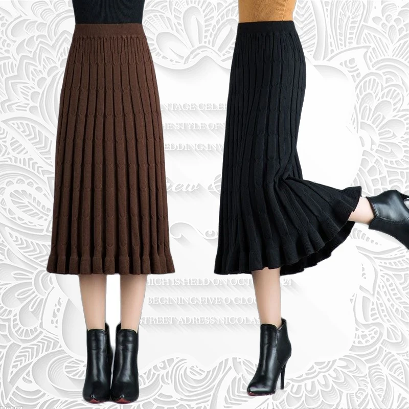 

Spring Autumn 2023 Knitted Pleated Skirt Medium Length Women's Skirt New High Waist Skirt