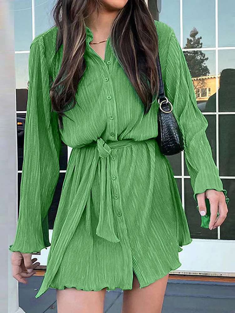 

Elegant Casual Solid A-Line Party Dress Women Long Sleeve Single-breasted Office Dress New Fashion Lapel Belt Pleated Mini Dress