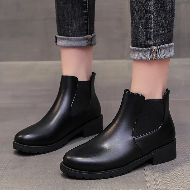 

Spring Autumn Women's Square Heel Ankle Boots Elastic Band Round Toe Platform Boots for Women Ladies Flat Bottom Casual Shoes
