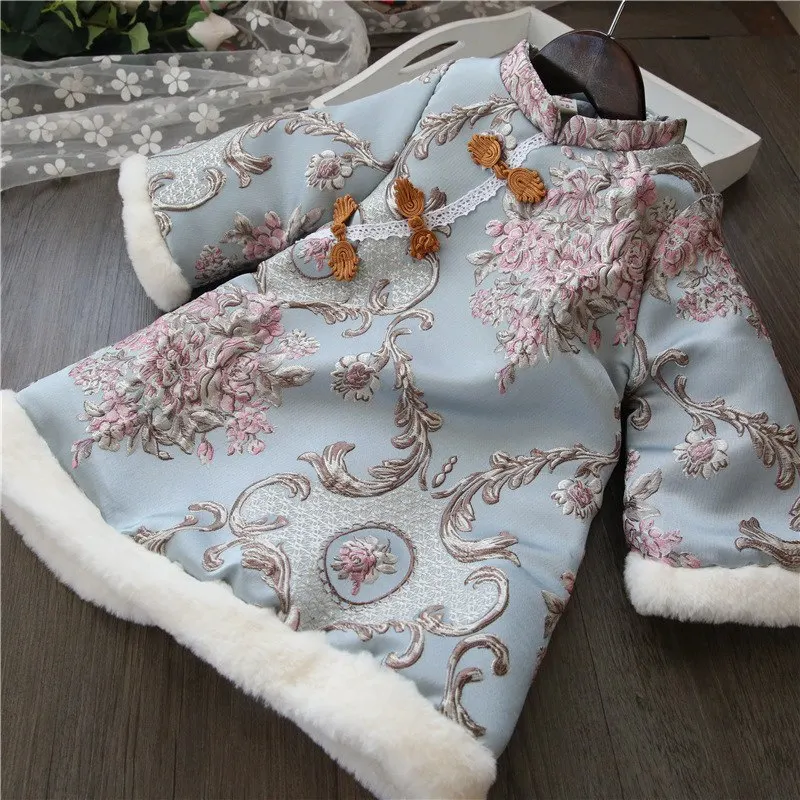 

Embroidery Cotton-Padded Children New Year Wear Vestidos 2T-6T Blue Winter Girls Kids Princess Tang Cheongsam Qipao Dress