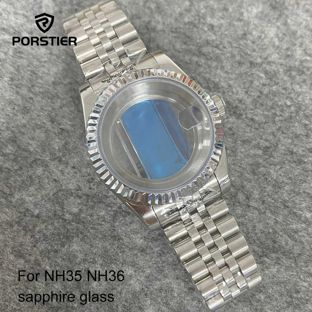 

PORSTIER 39mm sliver staniless steel 904L strap sapphire glass with date window watch case for men fit NH35 NH36 NH34 movement