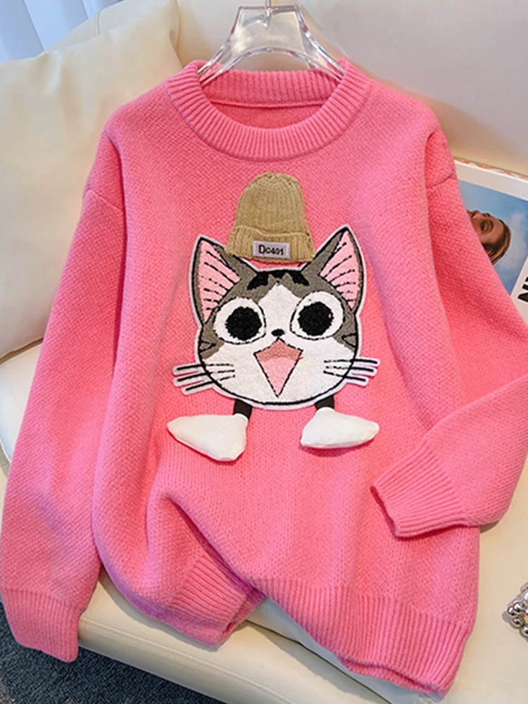 

Casual Round Neck Pullover Knitting Cat Loose Long Sleeve Sweater 2022 Winter Korean Fashion Women'S Clothing