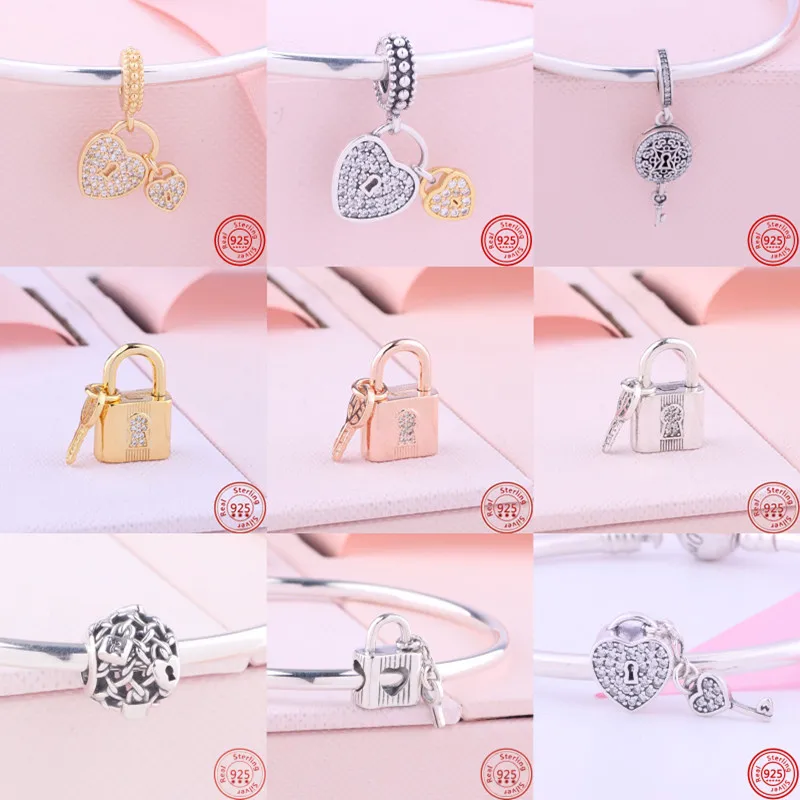 

2022 New 100% 925 Sterling Silver Padlock And Key Pendant Fine DIY Beads Fit Original Pandora Charms Bracelet For Women Jewelry