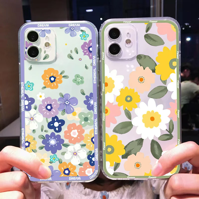 

Color Painting Flowers For iPhone 11 Pro Max 12 13 Pro Mini X XR XS Max Se2 6 6S 7 8 Plus Clear Phone Case Funda Black Cover