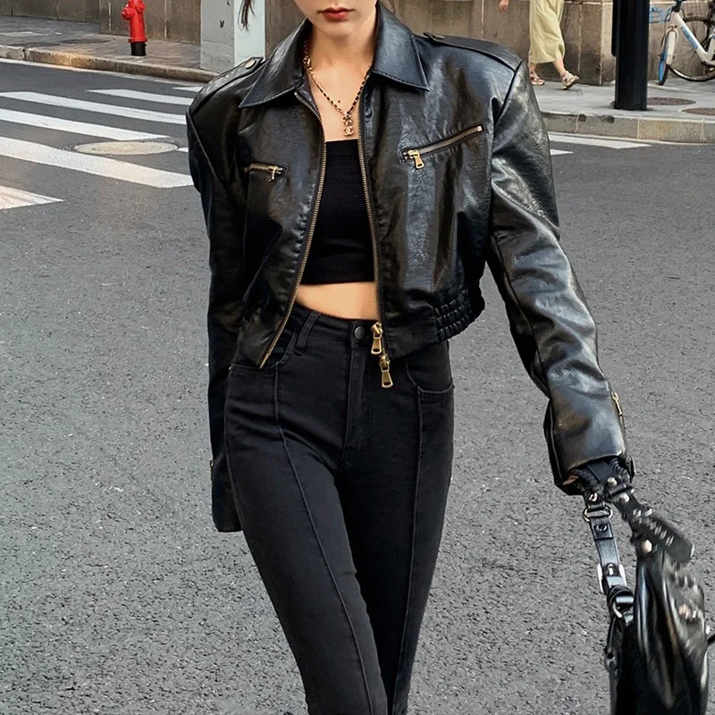 Women Fashion Leather Biker Jacket Full Sleeve Turn Down Collar Zipper Motocycle Genuine Leather TF5287