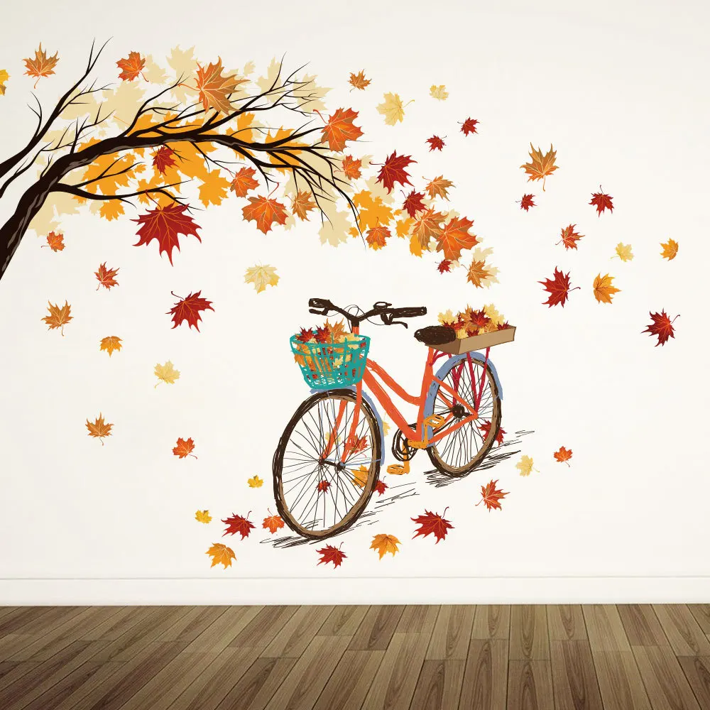 Pegatinas de otoño para decoración de hojas, pegatinas de bicicleta, calcomanías de pared para habitaciones de niños, papel tapiz para decoración de dormitorio de niña