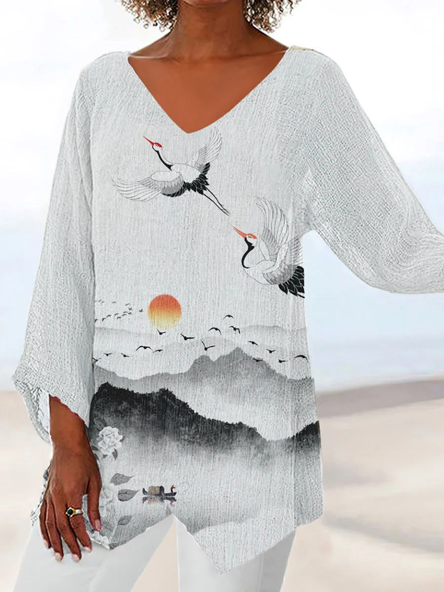 

Y2K Clothes Vintage 3D Print T-shirt Women Autumn V-neck Three Quarters Sleeve Casual Tunic Blouses Oversized Shirts and Tops