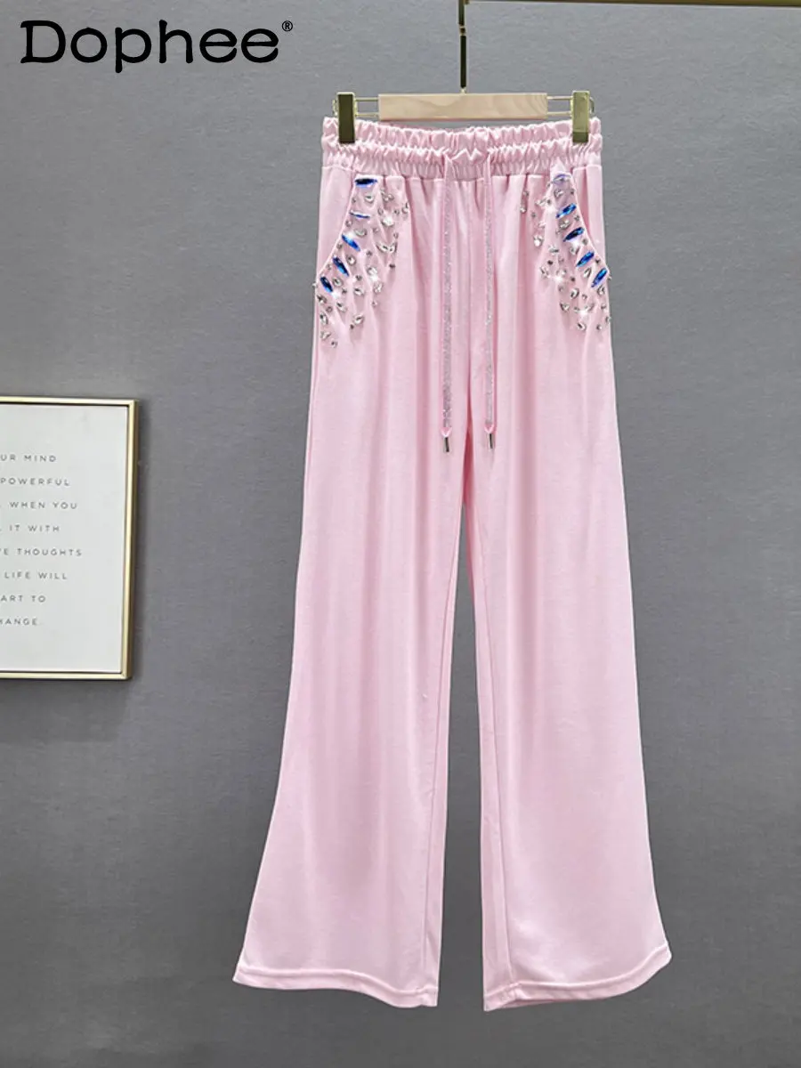 Exquisite Rhinestone Casual Pants Women 2023 New Spring Summer Sweet Pink High Waist Loose Slimming Wide Leg Pants Sweatpants
