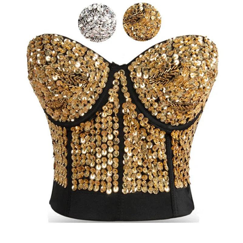 

Gold Sequin & Beading Studded Belly Dance Bra Top Sexy Bustier Underwear Women Bra Push Up Bralette Punk Rock Brassiere