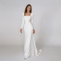 civil white mermaid wedding dresses solid color bridal gown for bride full sleeves square neck plus size robe de mariage 2022