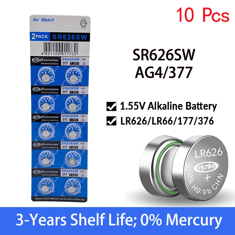 10 шт., щелочные батарейки AG4 377A 377 LR626 SR626SW SR66 LR66