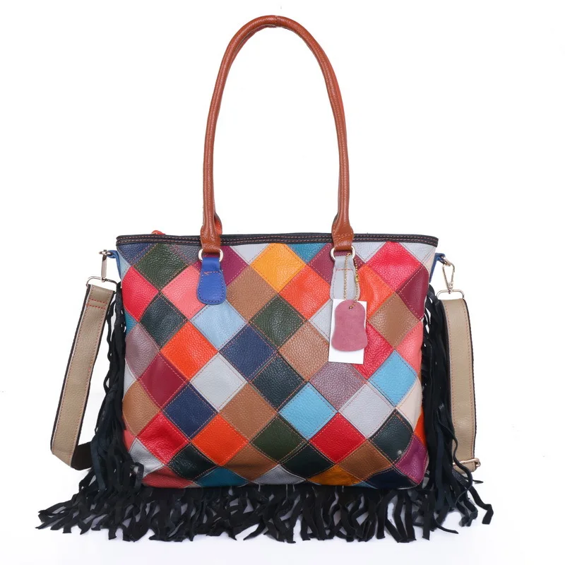 Women's High Quality Casual Design Colorful Handbag Shoulder bag Ladies Color Block Tote bagTassel real leather bag