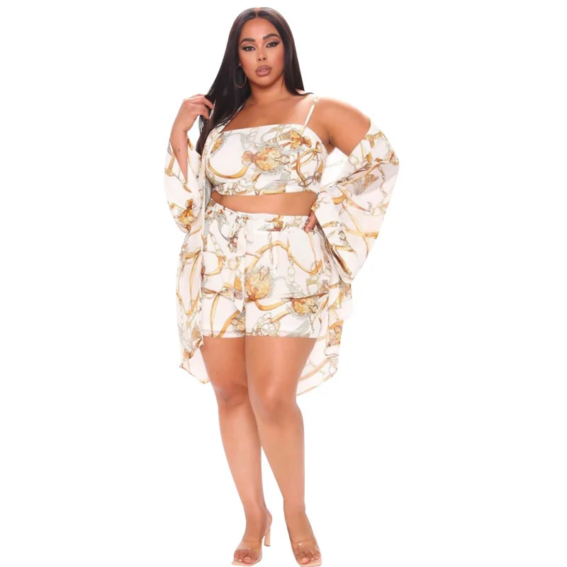 Plus Size Women Casual Three Pieces Sets 2023 Summer High Waist Mini Shorts Spaghetti Strap Tank Tops Loos 3xl 4xl 5xl 6xl