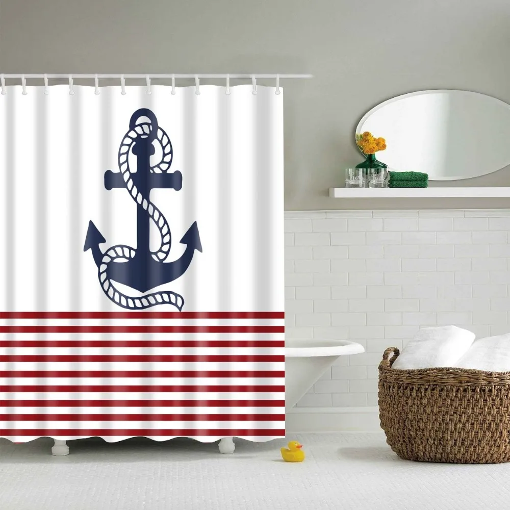 

Nordic Style Mediterranean Nautical Anchor Print Shower Curtain with Hook