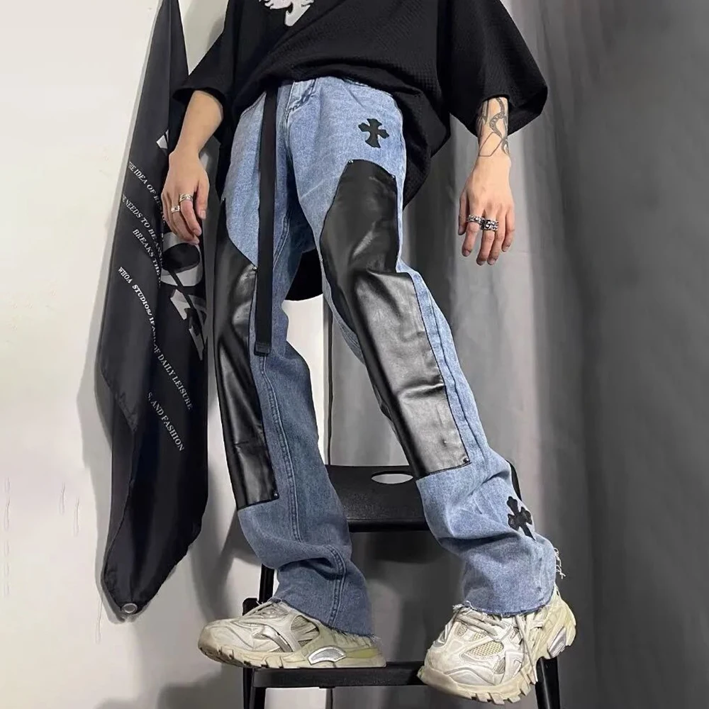 American High Street PU Leather Splicing Large Size Jeans Trendy Brand Men's Hiphop Casual Trousers Harajuku Style Fashion Pants