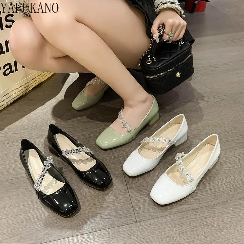 

Crystal String Bead Decor Thick Heel Mary Jane Leather Shoes for Women French Fairy Style Mid Heel High Heels Party Prom Shoes