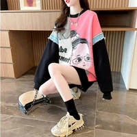 2022 spring autumn sweatshirt women cotton colorblock lace trim cartoon sweatshirt panelled large size o neck top