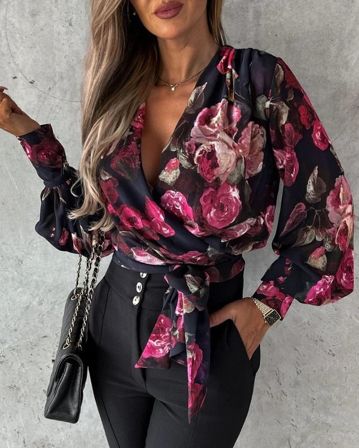 

Spring Autumn Fashion Long Sleeve Shirts Blouse Women Floral Print Tied Detail Wrap Vintage Shirts Elegant Blouses Tops Female