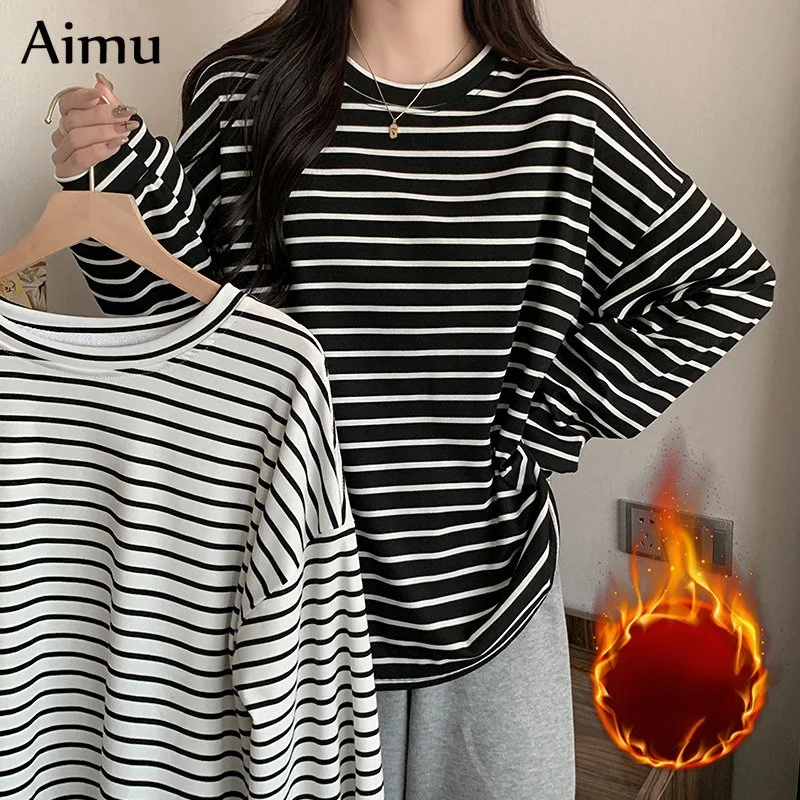 

Women's long-sleeved T-shirt, warm, casual, oversized, striped, wool clothing, Harajuku, Y2K, autumn and winter 2023