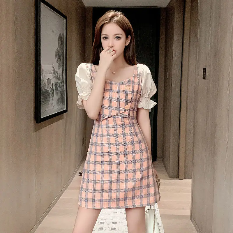 

Pink Chiffon Plaid Dress Summer Women Sweet Puff Sleeve Cottagecore Dress 2023 Short Sleeve Square Collar Slim Waist Clothing