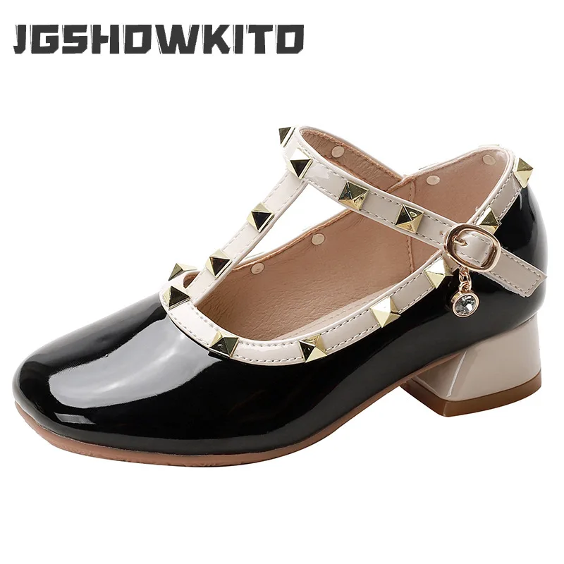 

Туфли кожаные для девочек, Классическая обувь принцессы на высоком квадратном каблуке, с заклепками, для танцев, свадьвечерние