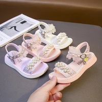 childrens sandals pink 2022 summer pearl rhinestone lace sweet princess open toe kids shoes for party wedding shows korean wind