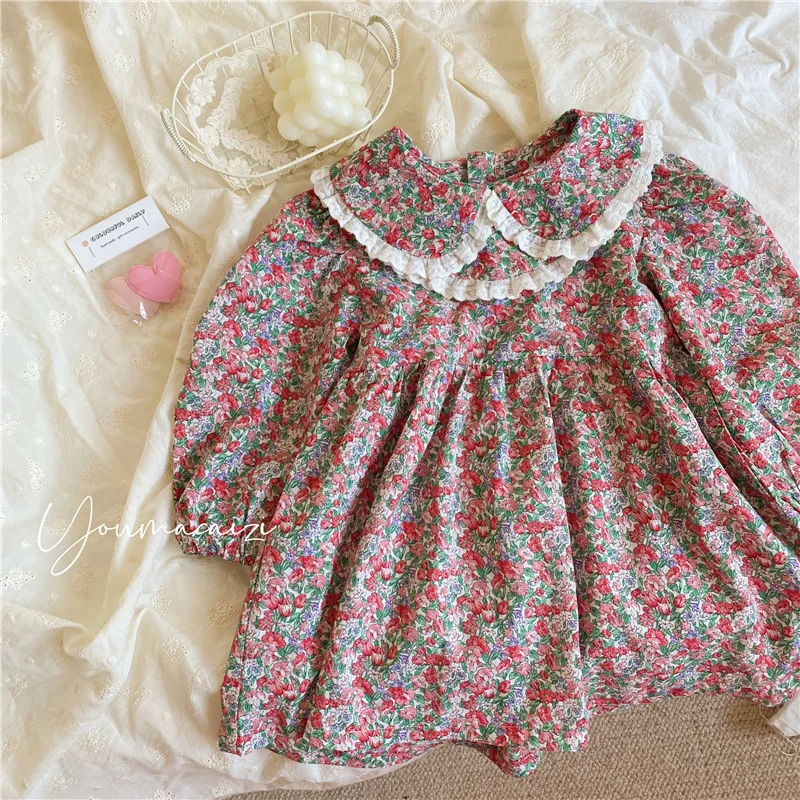 

2022 Spring Baby Girls Floral Dress Long Sleeve Flower Girl Vintage Cotton One Piece Dresses Spanish Children Clothing Baby Robe