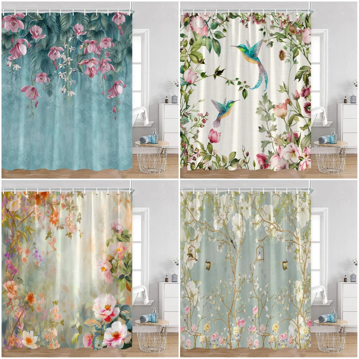 Lavender Purple Shower Curtain Flowers Floral Plant Bathroom Decor Polyester Fabric Bathtub Curtains with Hooks