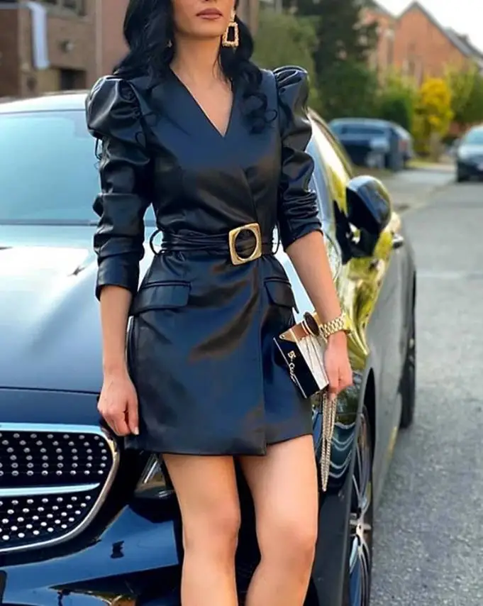 

Elegant Women's Dresses 2022 Autumn Fashion Puffed Sleeve Pu Leather Plain V-Neck Long Sleeve Skinny Mini Ruched Straight Dress