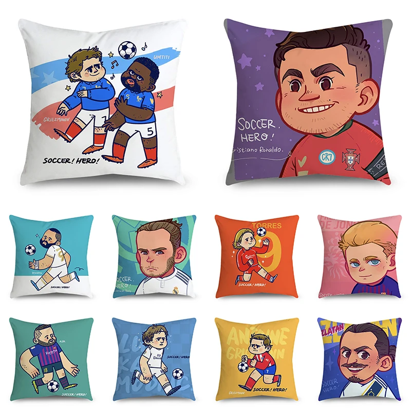 Soccer hero Pillowcase Cartoon football player Short velvet Cushion Cover for Home Sofa Car Seat Decor Pillow Cover 18*18inch