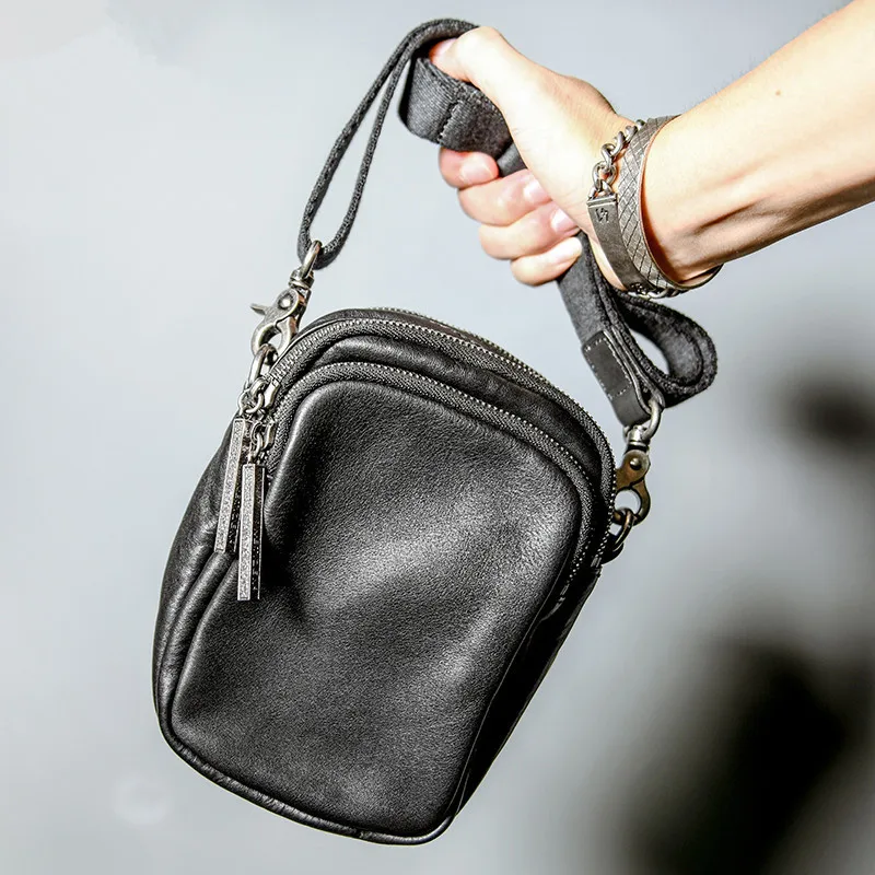 First layer cowhide men's small crossbody bag casual daily luxury real cowhide phone bag genuine leather black shoulder bag