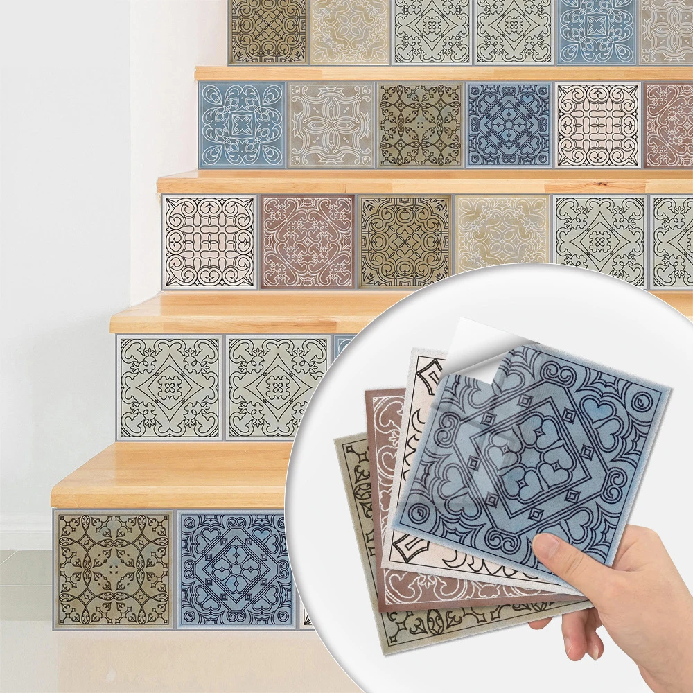 

10pcs Retro Wall Tiles Sticker Adhesive for Kitchen Bathroom Stairway Decor Tables Floor Hard-wearing Art Wall Decals Waterproof