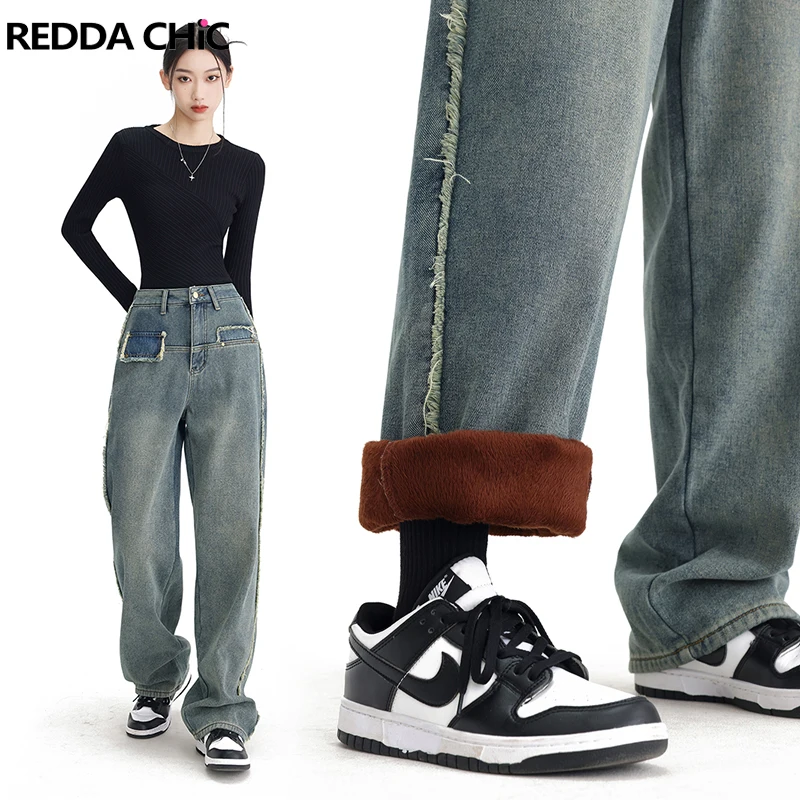 

REDDACHiC Warm Winter Women Fleece Lined Jeans Casual Wide Velvet Pants High Waist Baggy Mom Jeans Ladies Trousers Streetwear