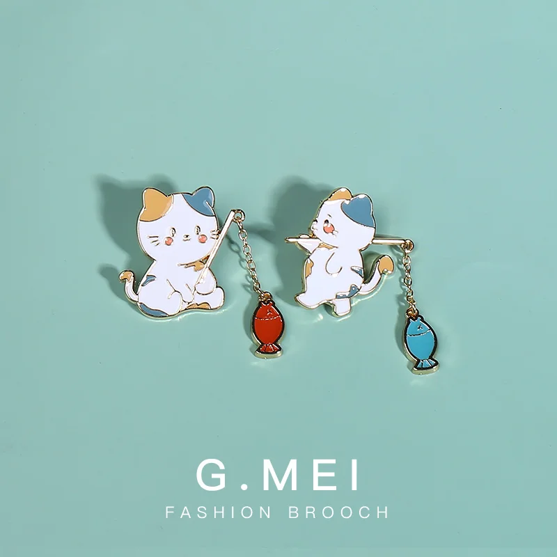 

Children's fun kitten fishing Brooch Cute Japanese badge cartoon pin buckle decoration student bag pendant creativity