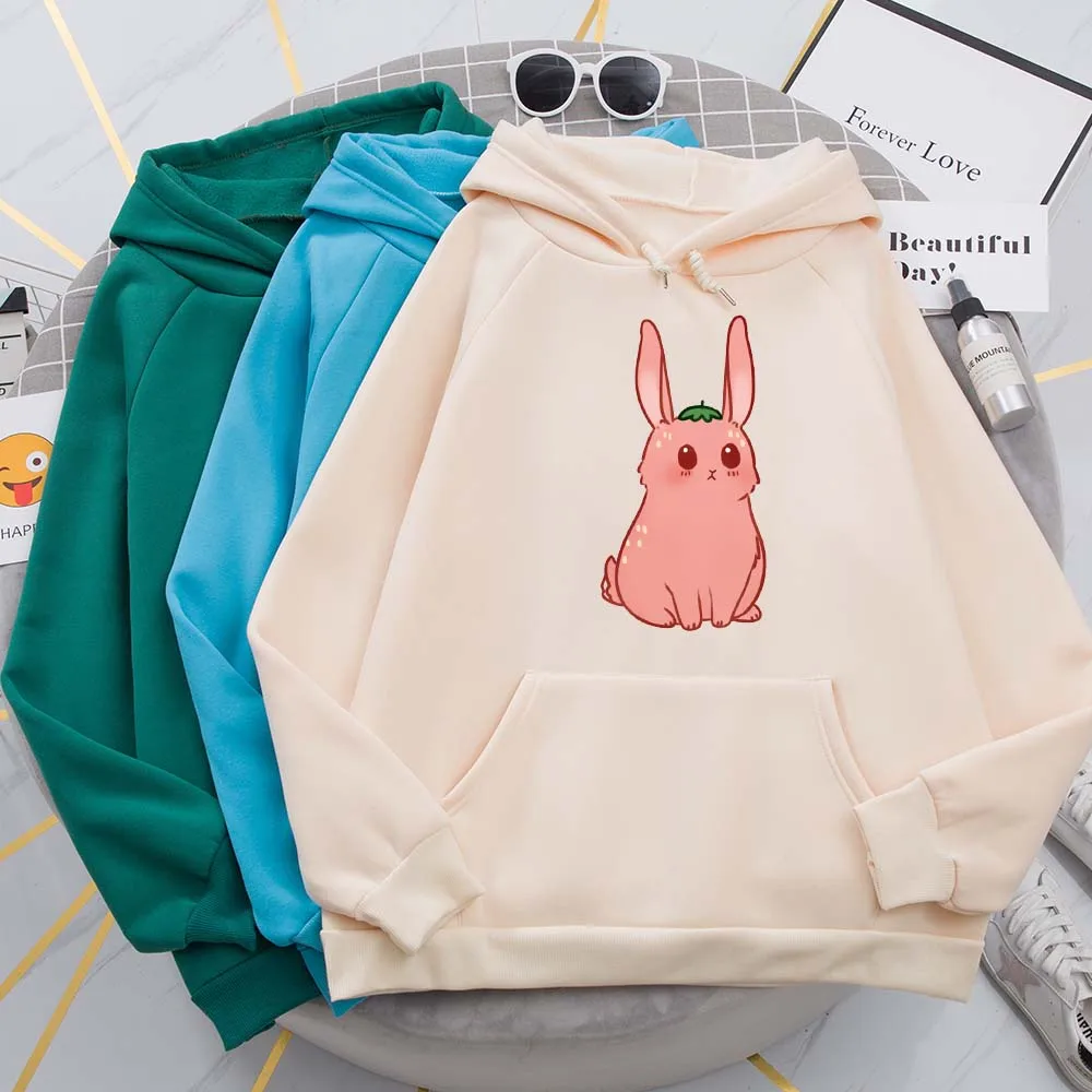 

Strawberry Rabit Hoodies Women Oversize Loose Korean Streetwear Tee Tops Aesthetic Hoodie Kawaii Pullover Plus Size Cute Clothes