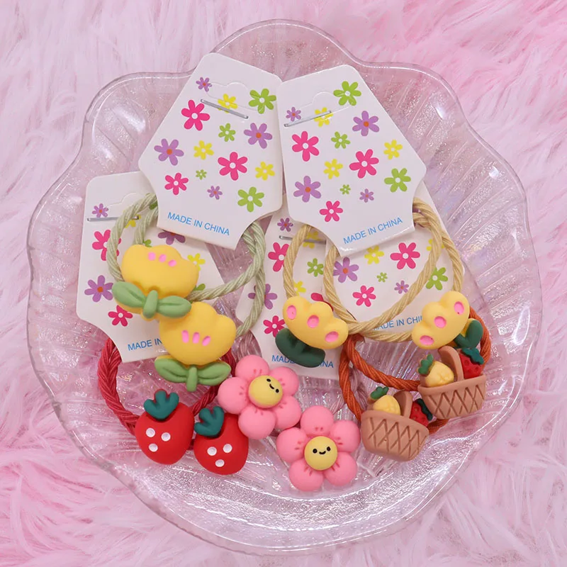 

2Pcs/Set Children's Elastic Bands For Girl Ponytail Holder Scrunchie Colorful Flower Strawberry Hair Accessories Baby Headband
