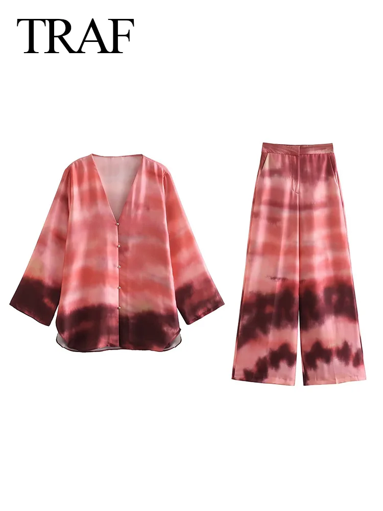 

Костюм TRAF женский с V-образным вырезом, Модный шикарный однобортный Топ с разрезом на Подоле и Свободные повседневные длинные брюки с широкими штанинами