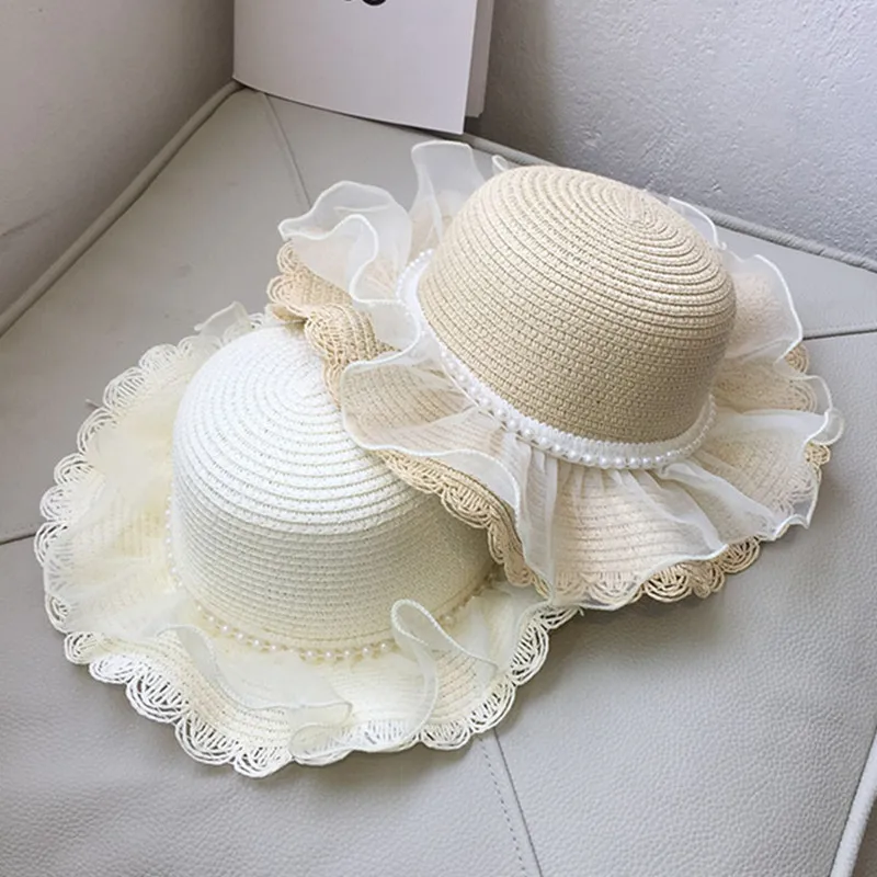 

Children's Summer Hat Sunshade Pearl Lace Straw Baby Girl Cap Girls' Baby Sunscreen Beach Hat Baby Photography Props