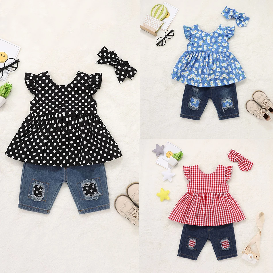 

Summer Baby Girl Floral Print Clothes Shorts Set T Shirt Pants Jeans Headband 3pcs Toddler Kids Clothes Suit Children Outfit Set