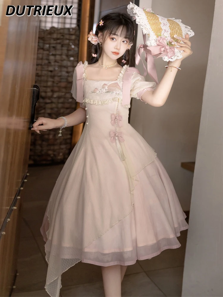 Summer Lolita Elegant Girl Sweet Short Sleeve Dresses Women's Summer Square Collar Super Fairy Op Princess Mid-length Dress
