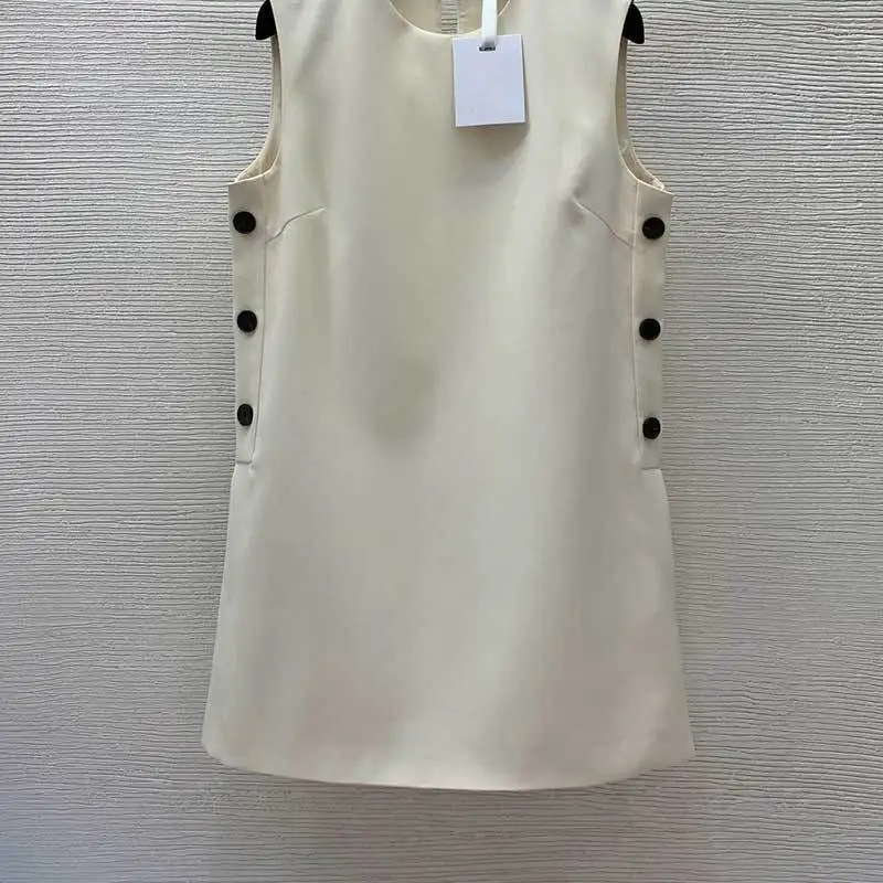 

Female Solid Straight Tank Top Dress Round Neck Side Buckle Split Design Vest Dresses Fashion Runway Solid Loose Clothing 2Color