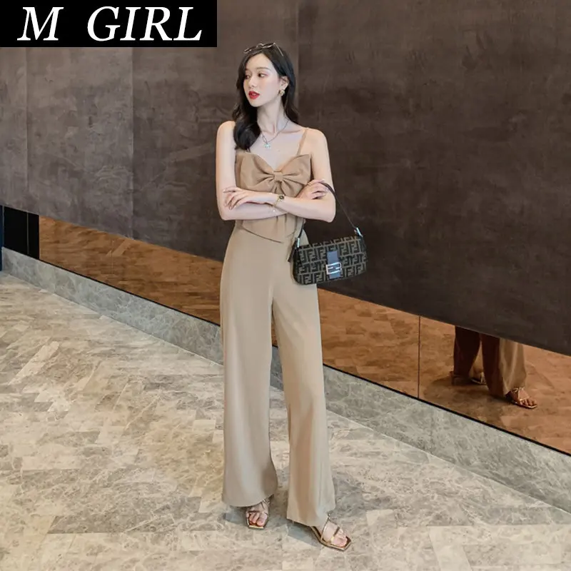 M GIRLS New Arrival  Set For Women  Elegant Vintage Sexy Office Lady Temperament Bow Short Tops Loose Long Pant 2 piece set