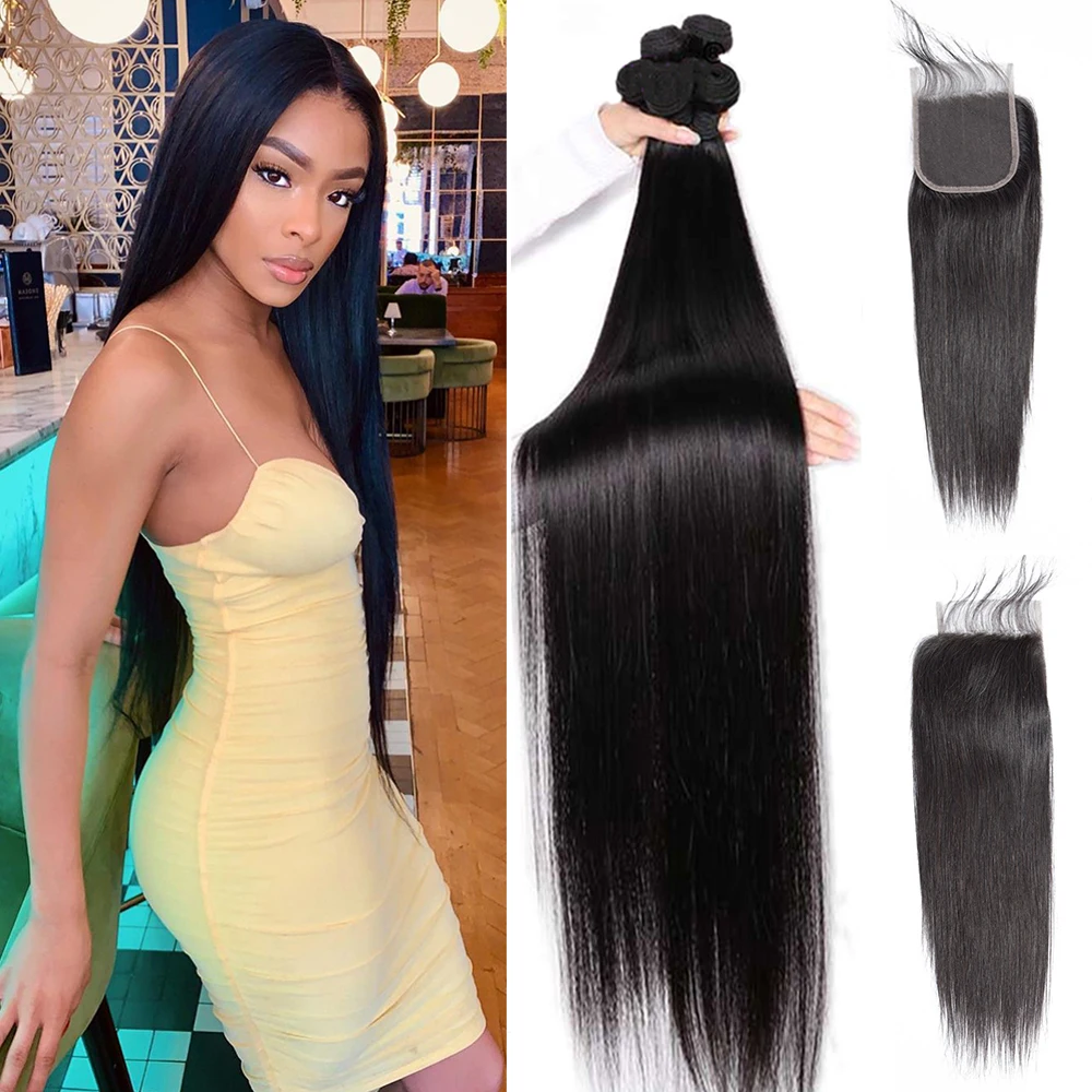 

Bone Straight Bundles With Closure Brazilian Human Hair Weave 3/4 Bundle With Lace Frontal Closure 36inch Long Remy Extension