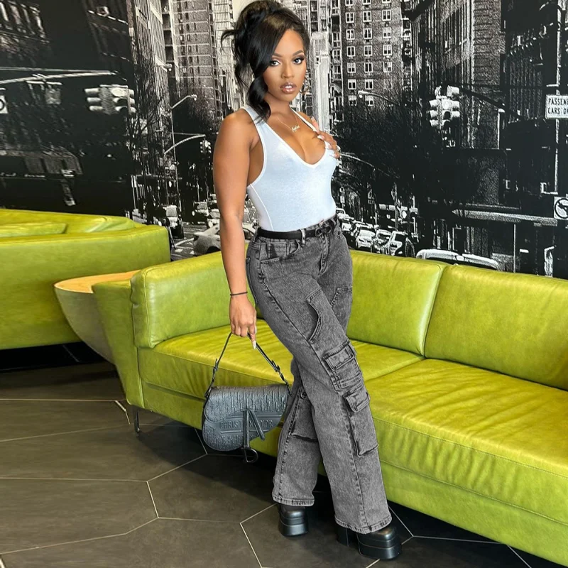 Straight Pants Denim Women's Multi-pocket Elastic Waistband Washed Hollow