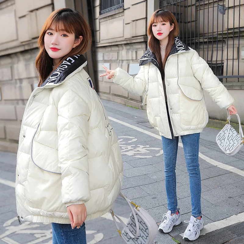 2023 Female Autumn Winter Casual Short Glossy Stand Collar Coat Women Loose Bubble Coats Thick Letters Embroidery Puffer Jackets