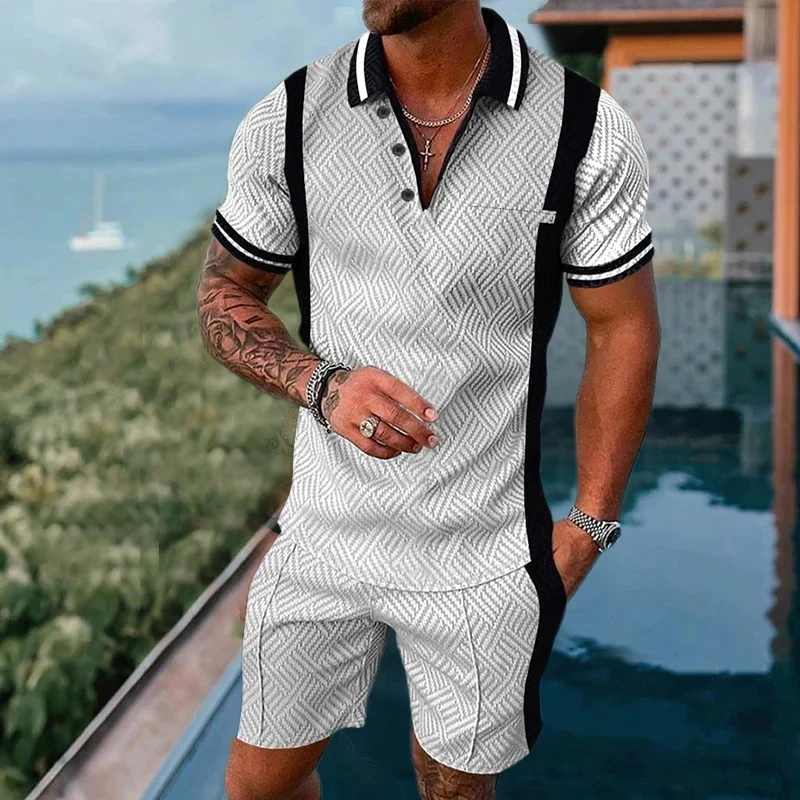 Summer Men's Luxury Polo T-shirts Shorts 2 Pices Set Fashionable Sports Suits Vintage Striped Printed Men's Casual Sportwear