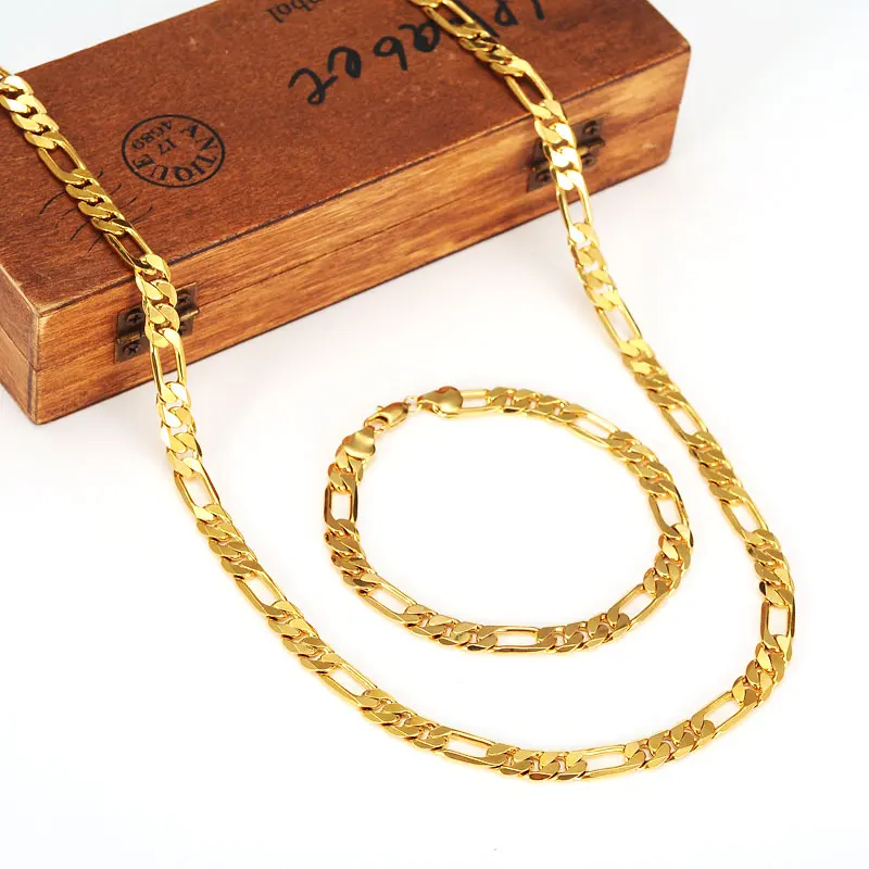 

Fashion 18K Yellow Solid Gold FINISH Men's OR Women's Trendy Bracelet 21cm Necklace Set Figaro Chain Watch Link