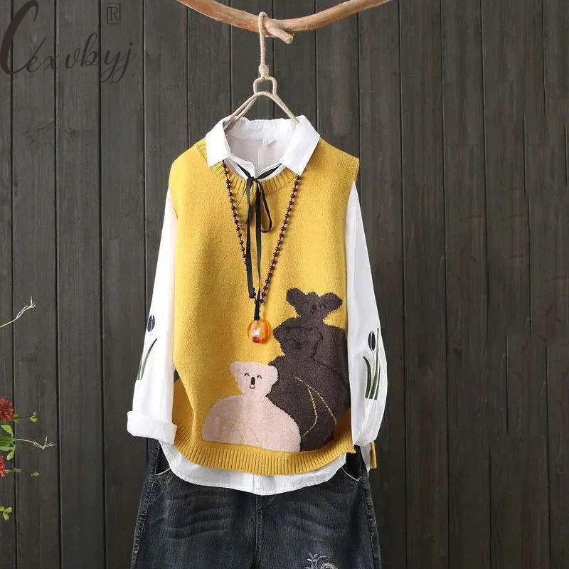 

Women's Knitted Vest Vintage Print O-Neck Sleeveless Sweater Waistcoat All-Match Spring Autumn Loose Pullover Tops