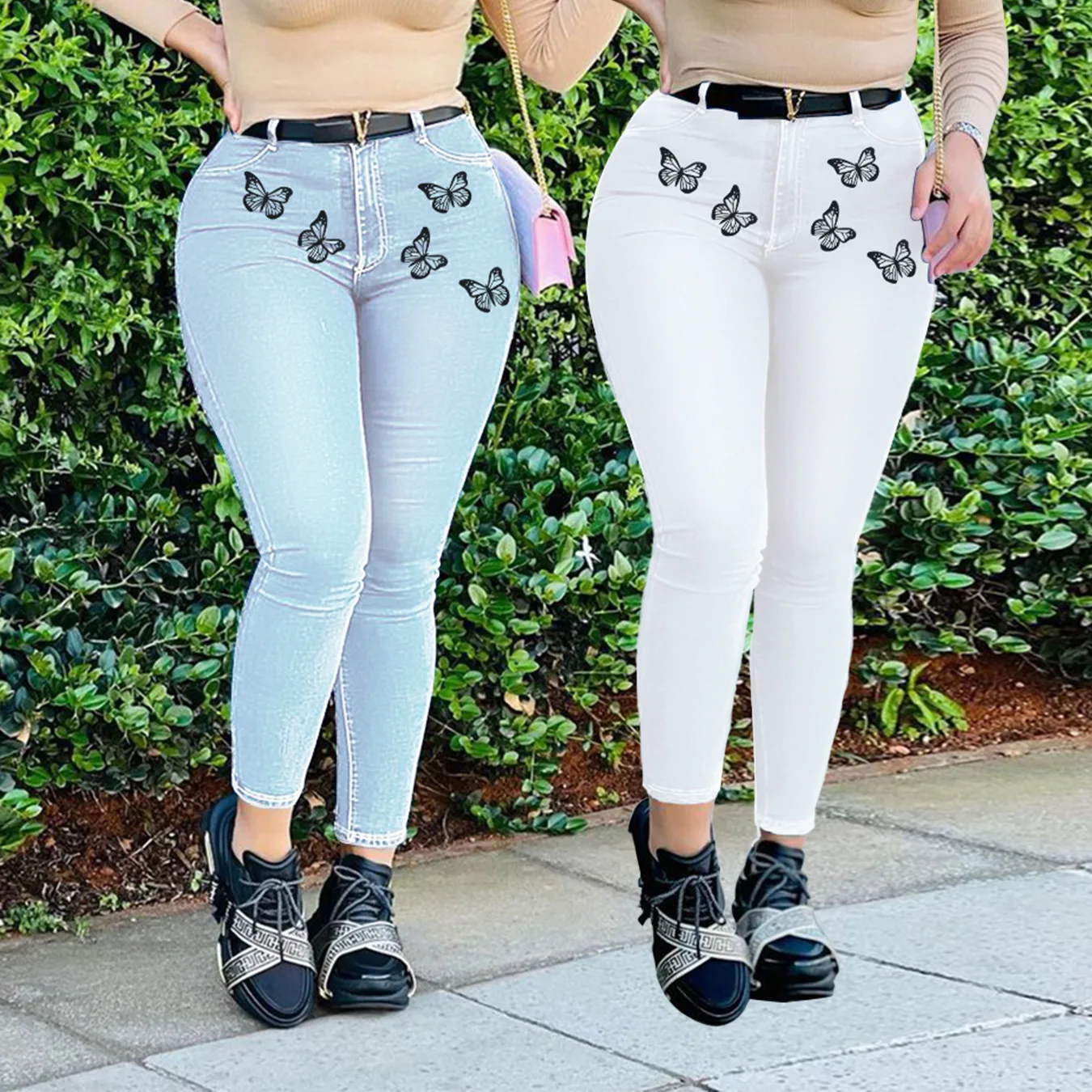 

2022 new spring and autumn thin high waist printed butterfly pencil trousers women vintage jeans